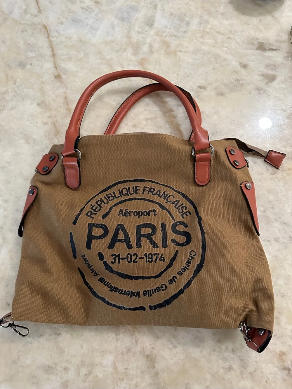 Paris Stamp Canvas Tote Bag with Tan and Brown Accents